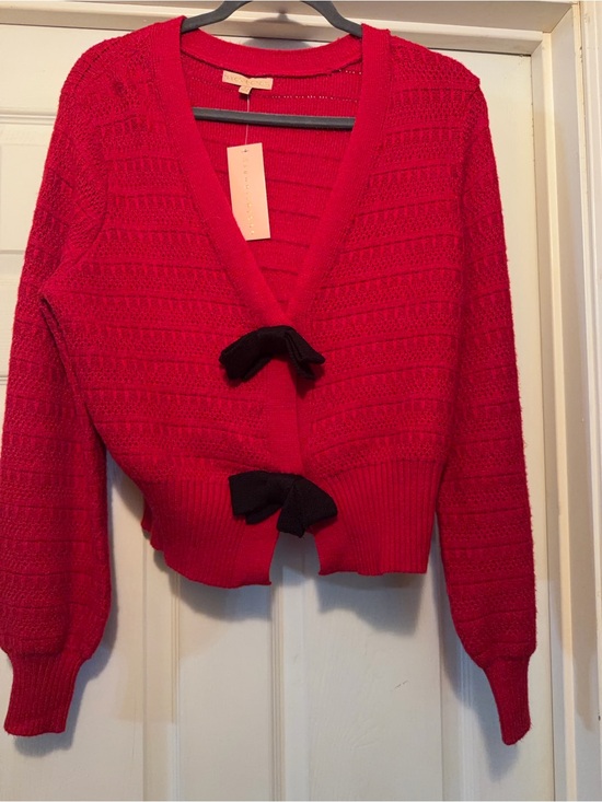 Revolutionary Sweaters - Diane Von Furstenberg Red V-Neck Bow-Front Cardigan with Black Bows